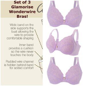 Set of 3! 34C Wonderwire Lace Bra (Side-Smoothing) MAX-COMFORT Violet NEW